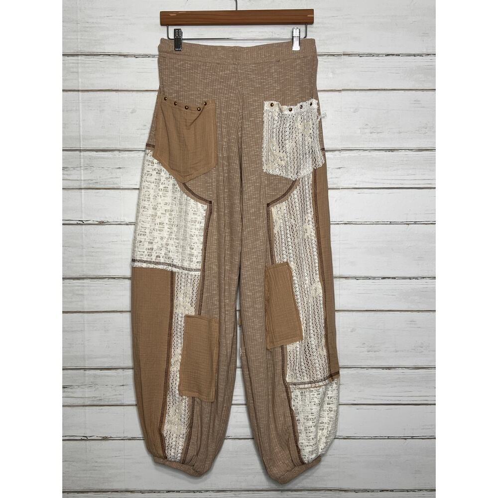 POL Patchwork Lace Harem Jogger Pants Women's Small Brown White Drawstring - Picture 4 of 10